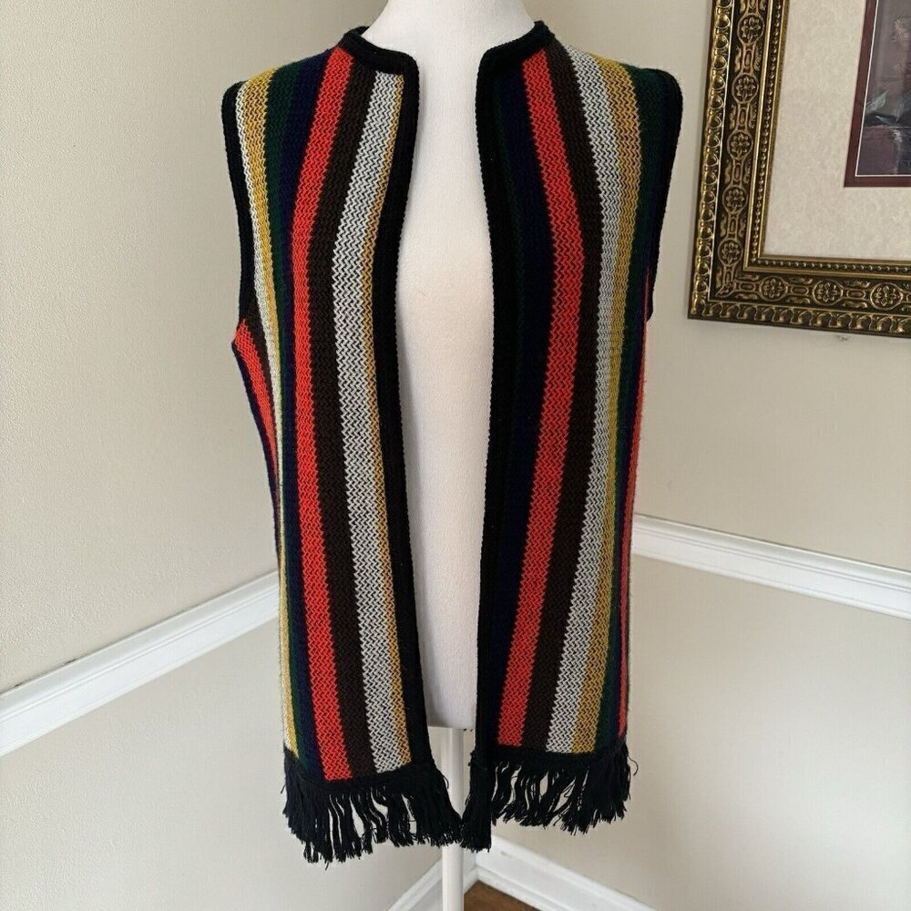 Vintage Sears Womens Sweater Vest Striped Fringe 70s Boho Hippie Retro